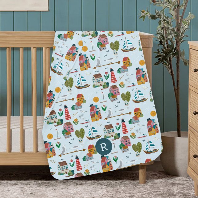 Coastal Light Blue Monogram Baby Shower Pattern Blanket (Coastal Light Blue Monogram Baby Shower Pattern Baby Blanket)