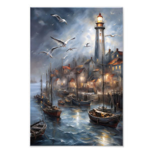 Coastal Lighthouse at Twilight Nautical Art Photo Print