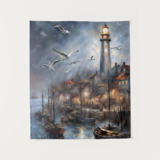 Coastal Lighthouse at Twilight Nautical Art Tapestry