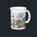 Coastal Lighthouse & Beach Cottages Scene Beverage Pitcher<br><div class="desc">This serene coastal lighthouse painting captures the peaceful charm of seaside living with pastel skies, sun-drenched dunes, and gently rippling ocean waters. A classic striped lighthouse stands watch beside charming beach cottages, their warm windows glowing beneath a watercolor sky of soft pinks and blues. The wooden dock leads the eye...</div>