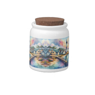Coastal Lighthouse & Beach Cottages Scene Candy Jar