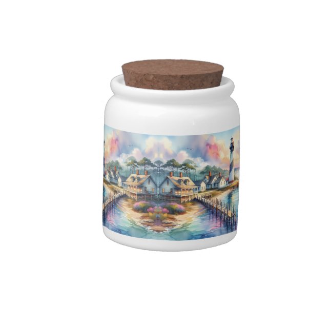Coastal Lighthouse & Beach Cottages Scene Candy Jar (Left)