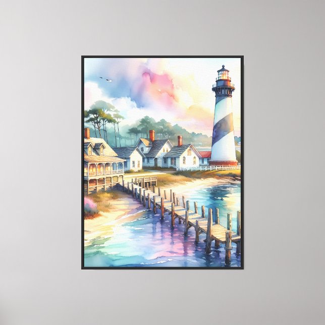 Coastal Lighthouse & Beach Cottages Scene Canvas Print (Front)