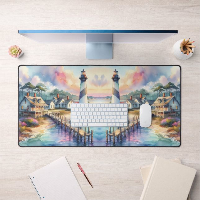 Coastal Lighthouse & Beach Cottages Scene Desk Mat (Office 1)