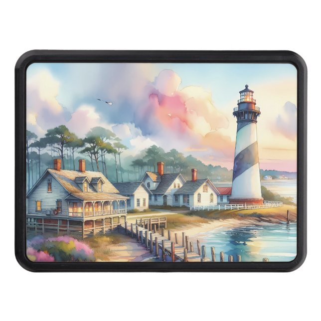Coastal Lighthouse & Beach Cottages Scene Hitch Cover (Front)