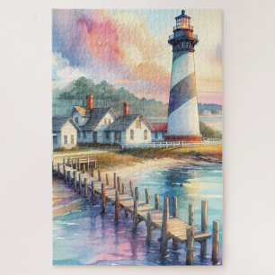 Coastal Lighthouse & Beach Cottages Scene Jigsaw Puzzle