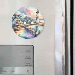 Coastal Lighthouse & Beach Cottages Scene Magnet