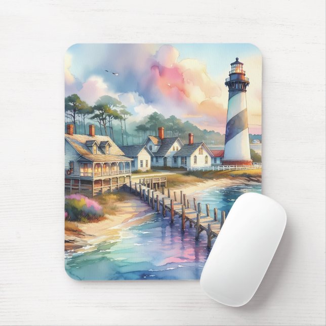 Coastal Lighthouse & Beach Cottages Scene Mouse Pad (With Mouse)