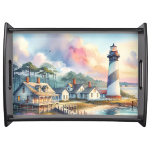 Coastal Lighthouse & Beach Cottages Scene Serving Tray