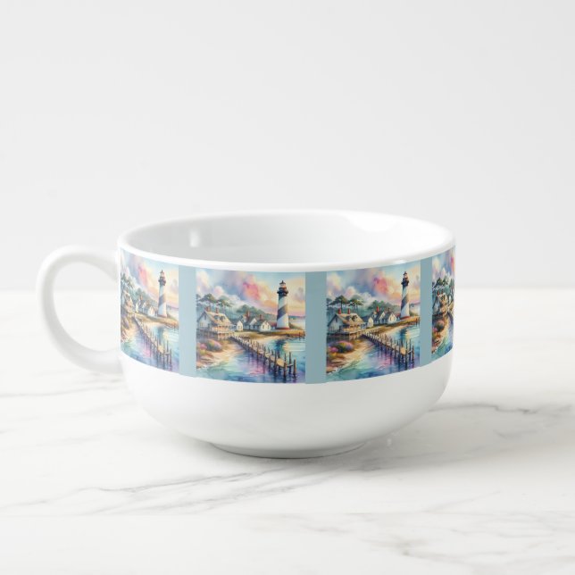 Coastal Lighthouse & Beach Cottages Scene Soup Mug (Right)