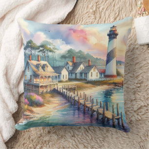 Coastal Lighthouse & Beach Cottages Scene Throw Pillow