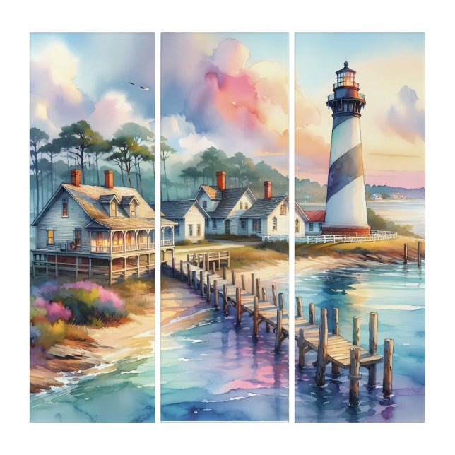 Coastal Lighthouse & Beach Cottages Scene Triptych (Front)