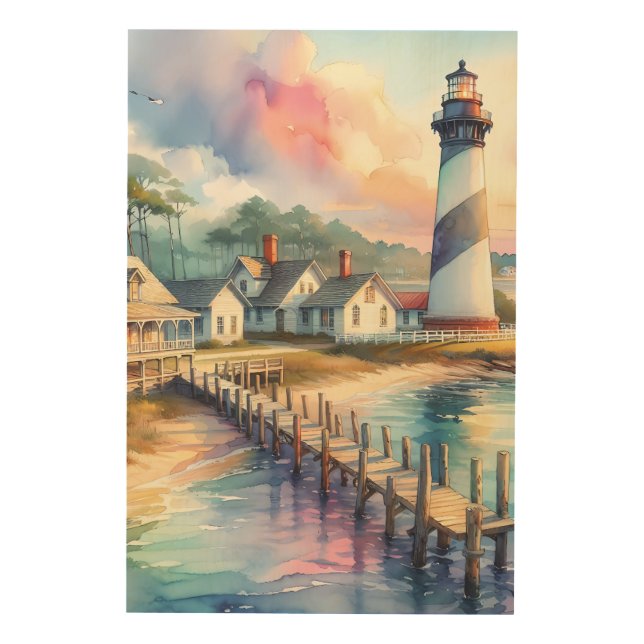 Coastal Lighthouse & Beach Cottages Scene Wood Wall Art (Front)