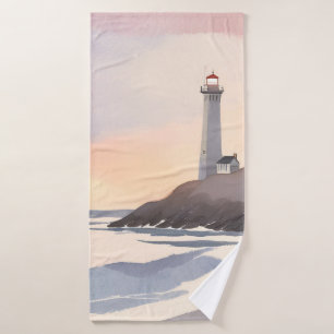 Coastal Lighthouse Beach Watercolor Painting Bath Towel