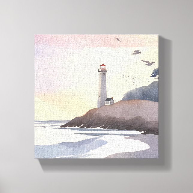Coastal Lighthouse | Beach Watercolor Painting Canvas Print (Front)