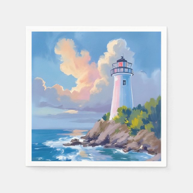 Coastal Lighthouse | Blue Ocean Waves Sea Napkins (Front)