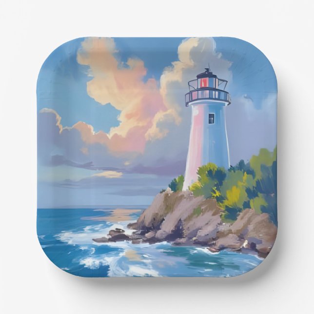 Coastal Lighthouse | Blue Ocean Waves Sea Paper Plates (Front)