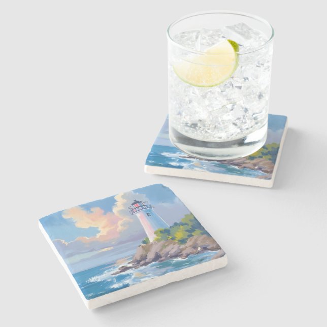 Coastal Lighthouse | Blue Ocean Waves Sea Stone Coaster (Side)