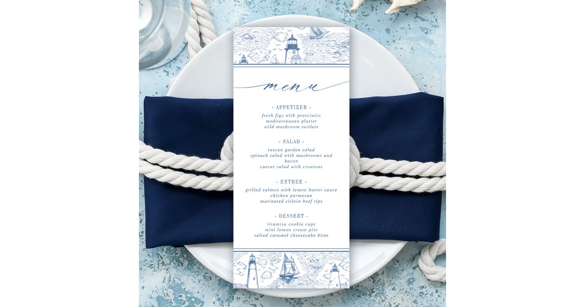 Coastal Lighthouse Blue Toile Wedding Menu | Zazzle