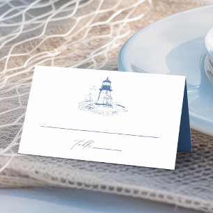 Coastal Lighthouse Blue Toile Wedding Place Card