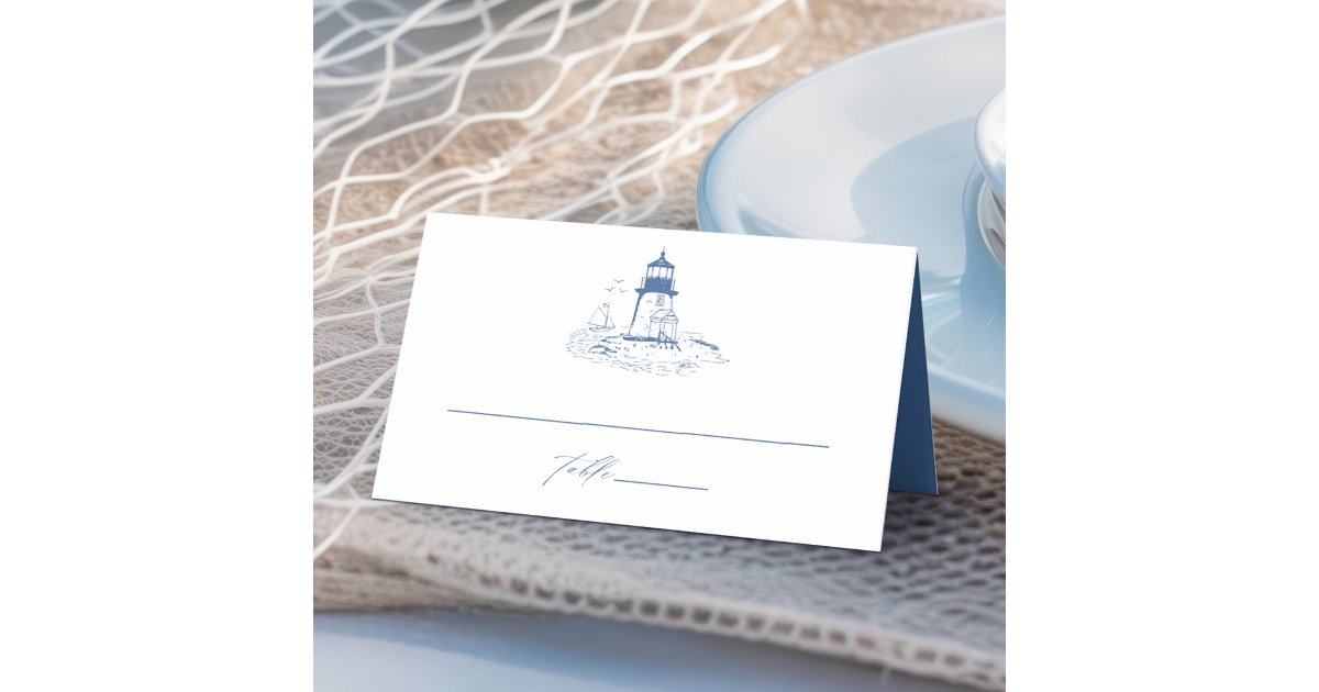 Coastal Lighthouse Blue Toile Wedding Place Card | Zazzle