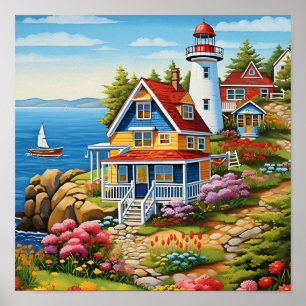 Coastal Lighthouse Cottage Ocean View Art Poster