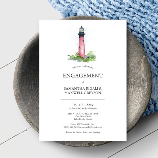 Coastal Lighthouse Engagement Party Invitations (Online engagement invitations feature unique nautical lighthouse art by Victoria Grigaliunas)