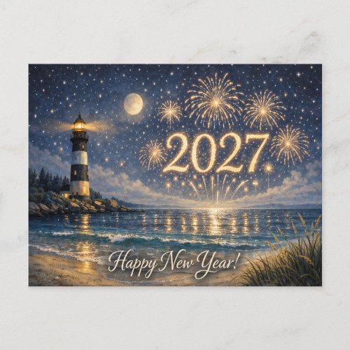 Coastal Lighthouse Fireworks Happy New Year 2027 Holiday Postcard Coastal Lighthouse Fireworks Happy New Year 2027 Holiday Postcard