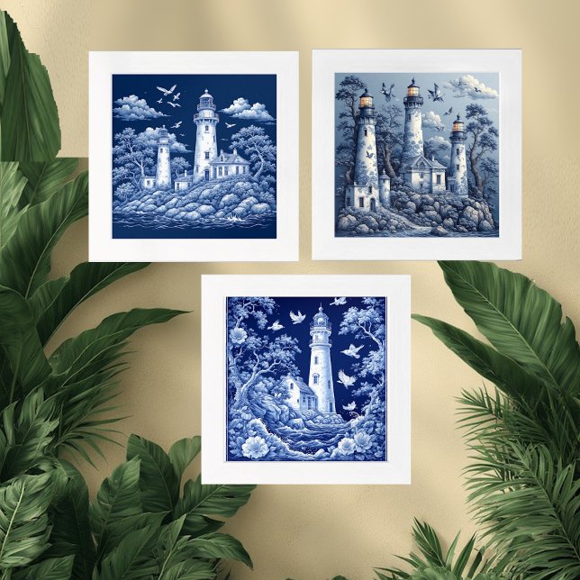 Coastal Lighthouse French Toile Inspired Nautical  Wall Art Sets (Coastal Lighthouse French Toile Inspired Nautical Wall Art Sets)