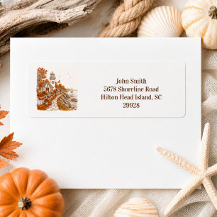 Coastal Lighthouse in Autumn Fall Season Label