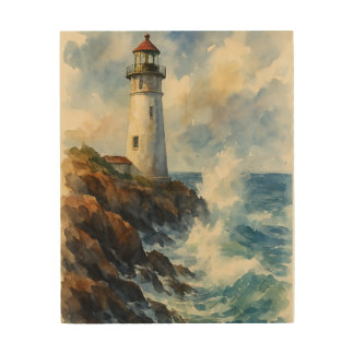 Coastal Lighthouse in Stormy Seas Watercolor Wood Wall Art