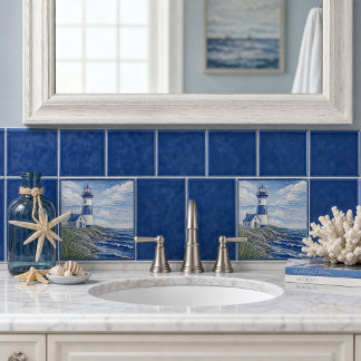 Coastal Lighthouse Nautical Blue & White Ceramic Tile