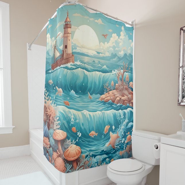 Coastal Lighthouse Ocean Waves Shower Curtain (Creator Uploaded)