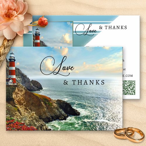 Coastal Lighthouse Photo QR Code Wedding Thank You Card