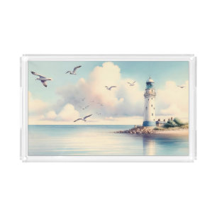 Coastal Lighthouse Seagulls Pastel Sky Serenity Acrylic Tray