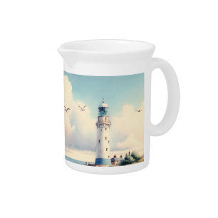 Coastal Lighthouse Seagulls Pastel Sky Serenity Beverage Pitcher