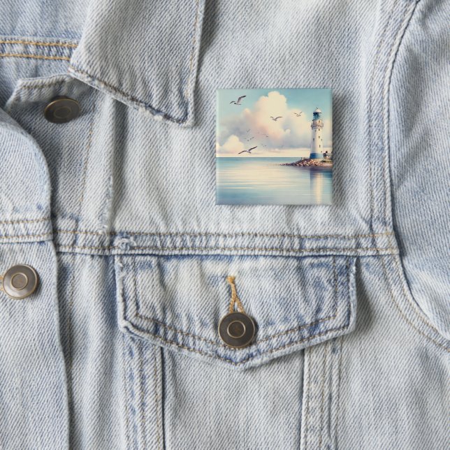 Coastal Lighthouse Seagulls Pastel Sky Serenity Button (In Situ)