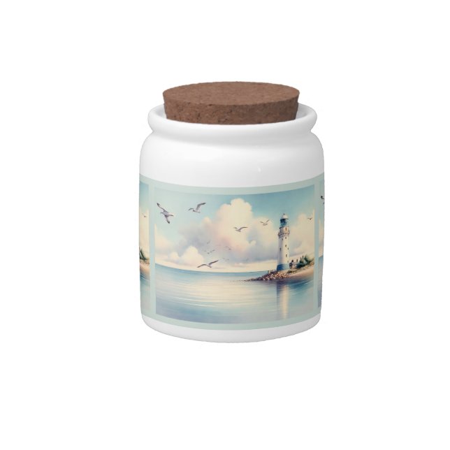 Coastal Lighthouse Seagulls Pastel Sky Serenity Candy Jar (Front)