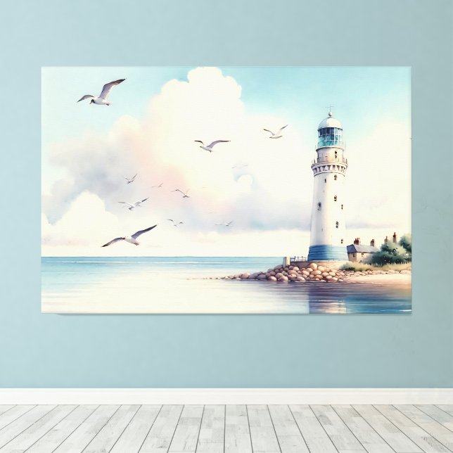 Coastal Lighthouse Seagulls Pastel Sky Serenity Canvas Print (Insitu(Wood Floor))