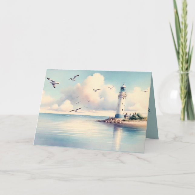 Coastal Lighthouse Seagulls Pastel Sky Serenity Card (Front)
