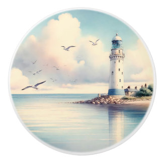 Coastal Lighthouse Seagulls Pastel Sky Serenity Ceramic Knob
