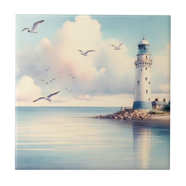 Coastal Lighthouse Seagulls Pastel Sky Serenity Ceramic Tile (Front)