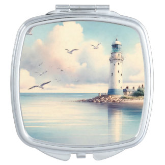 Coastal Lighthouse Seagulls Pastel Sky Serenity Compact Mirror