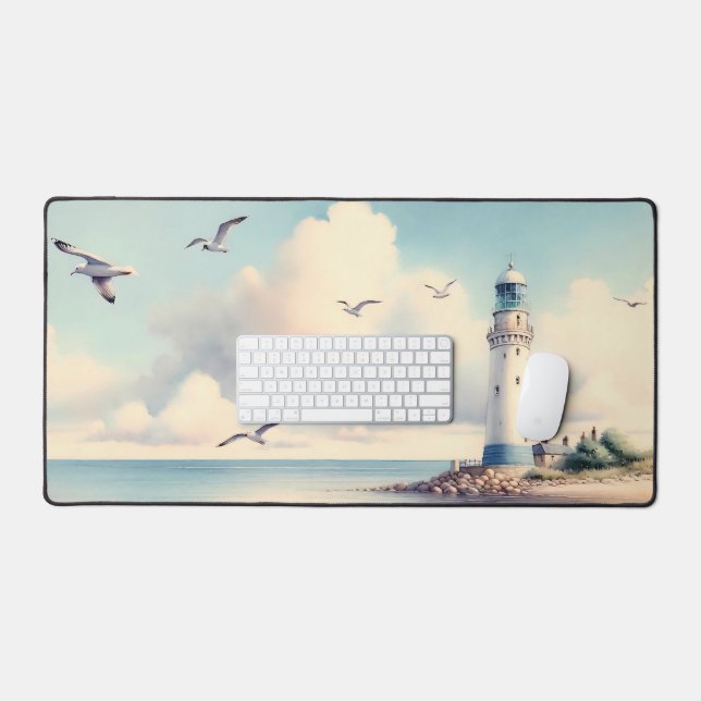 Coastal Lighthouse Seagulls Pastel Sky Serenity Desk Mat (Keyboard & Mouse)