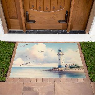 Coastal Lighthouse Seagulls Pastel Sky Serenity Doormat
