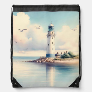 Coastal Lighthouse Seagulls Pastel Sky Serenity Drawstring Bag