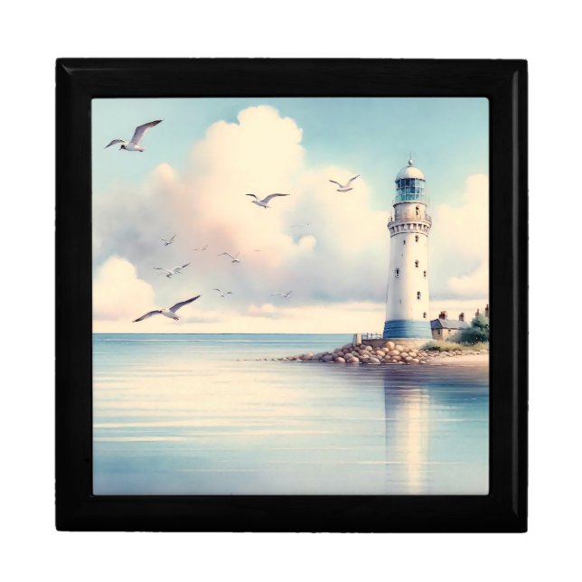 Coastal Lighthouse Seagulls Pastel Sky Serenity Gift Box (Front)