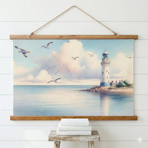 Coastal Lighthouse Seagulls Pastel Sky Serenity Hanging Tapestry