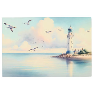 Coastal Lighthouse Seagulls Pastel Sky Serenity Metal Print
