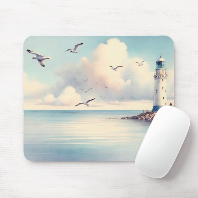 Coastal Lighthouse Seagulls Pastel Sky Serenity Mouse Pad (With Mouse)